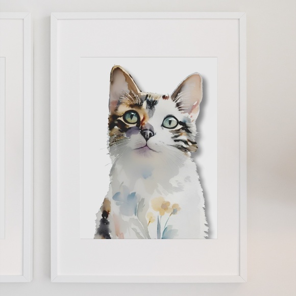 Watercolor Cat With Flowers Portrait Wall Art Illustration Print Poster Unframed - Picture 6 of 6